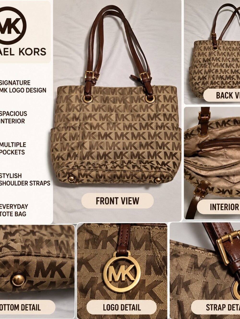 Michael Kors Brown Tan MK Signature Tote with Gold Hardware #38